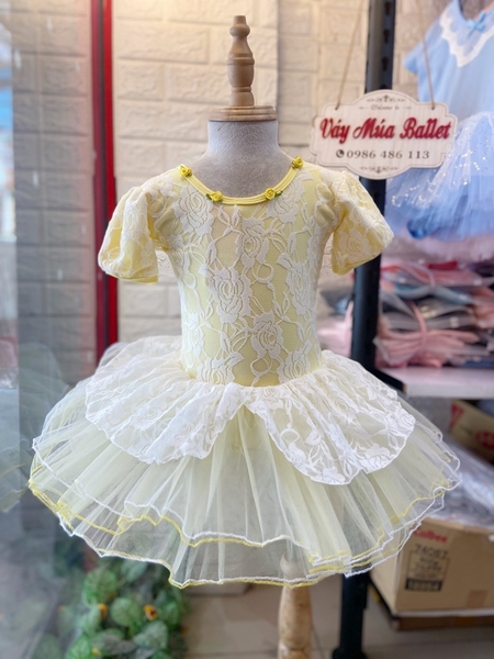Váy múa phối ren hoa bèo tay bồng (vàng, xanh, hồng)