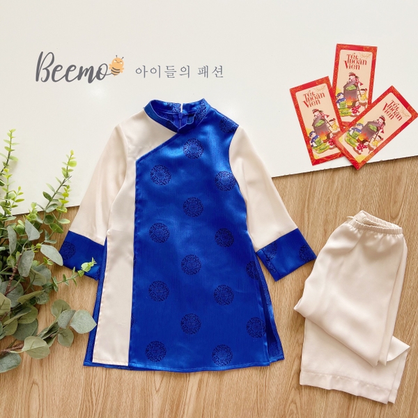 Bộ áo dài lụa đồng xu bé trai Beemo