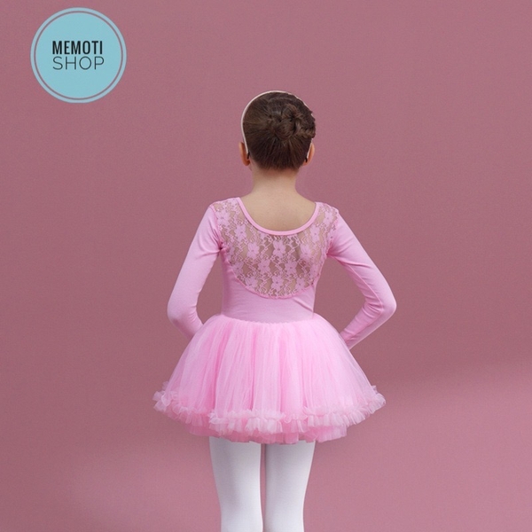 Set áo váy múa phối ren tutu dài tay trắng