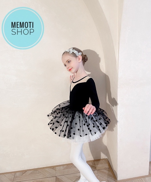 Set áo váy múa V lưng bi đen dài tay