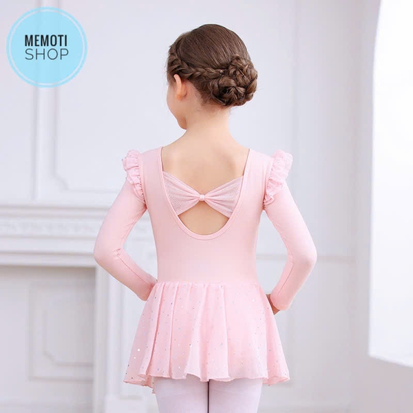 Váy tập múa tiên nơ lưng sao dài tay (tím, xanh, hồng)