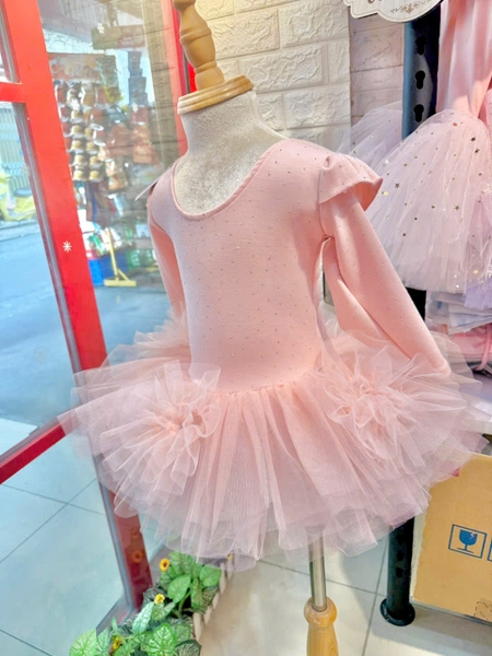 Váy múa tiên dài tay cotton đá hoa bồng