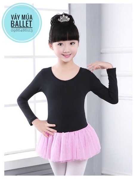 Váy múa nơ lưng phối màu dài tay (hồng, đen)