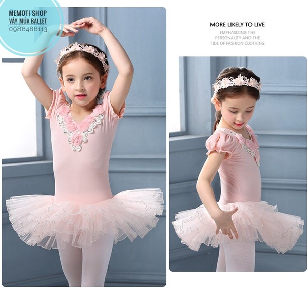 Váy múa cổ hoa hồng tay búp xẻ (hồng, kem nude)