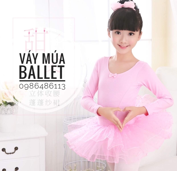 Váy múa basic dài tay màu hồng