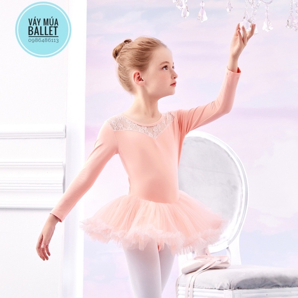 Váy múa phối ren tutu dài (hồng đỏ, hồng cam)