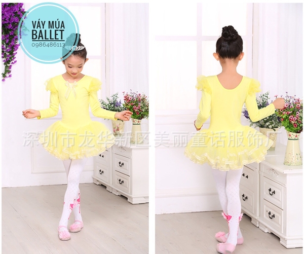Váy múa tiên viền dài tay màu hồng, trắng, vàng