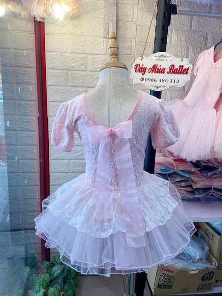 Váy múa phối ren hoa bèo tay bồng (vàng, xanh, hồng)