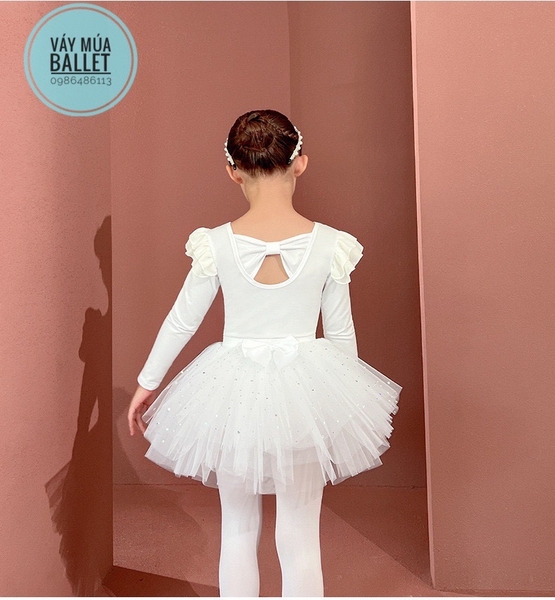 Set áo váy múa tiên nơ lưng sao dài tay (hồng, trắng)