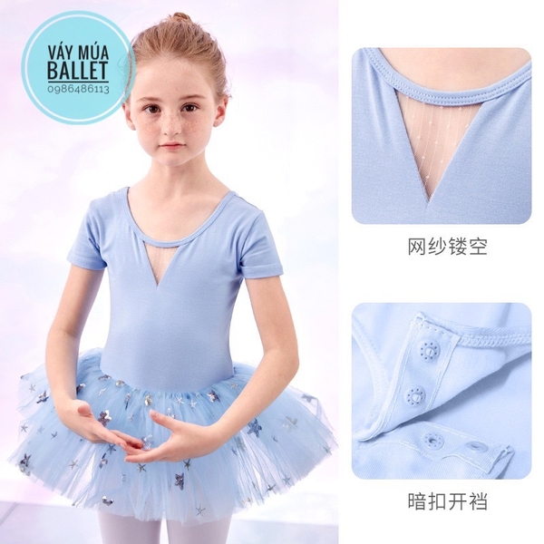 Váy múa đan lưng sao to tay ngắn (hồng, tím, xanh)
