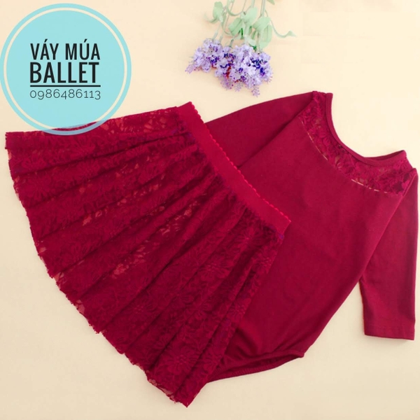 Set áo váy múa phối ren dài tay đỏ đô