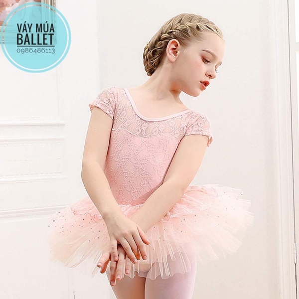 Váy múa phối ren bèo sao tay ngắn (hồng, tím, đen)