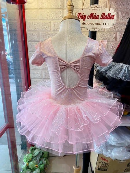Váy múa tay tiên ngắn thun lấp lánh hồng