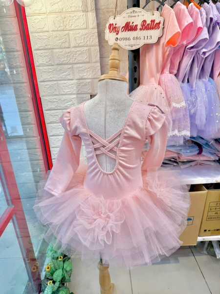 Váy múa tiên dài tay cotton đá hoa bồng