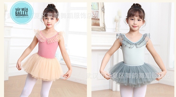 Set áo váy múa viền bèo cổ (xanh, hồng)