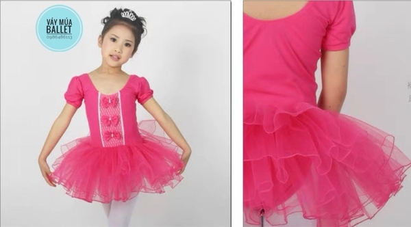 Váy múa ba nơ tay ngắn hồng đậm
