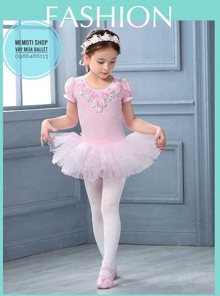 Váy múa cổ hoa hồng tay búp xẻ (hồng, kem nude)