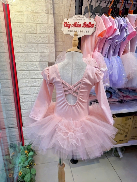 Váy múa tiên dài tay cotton đá hoa bồng
