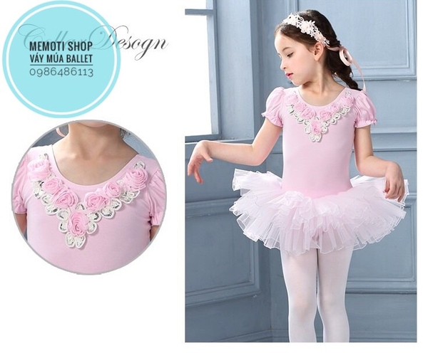 Váy múa cổ hoa hồng tay búp xẻ (hồng, kem nude)