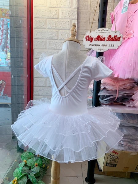 Váy múa tiên tay ngắn von lấp lánh trắng