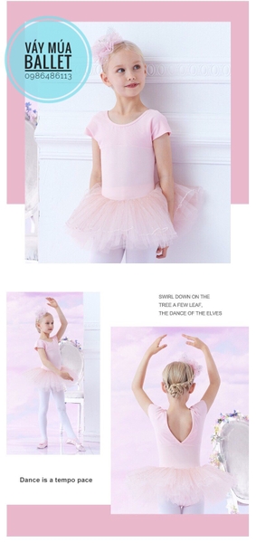 Váy múa lưng V chân bi tay ngắn (hồng, tím, xanh)