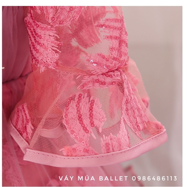 Váy công chúa hoa ngực 3D tay loe lỡ màu hồng, cam, tím