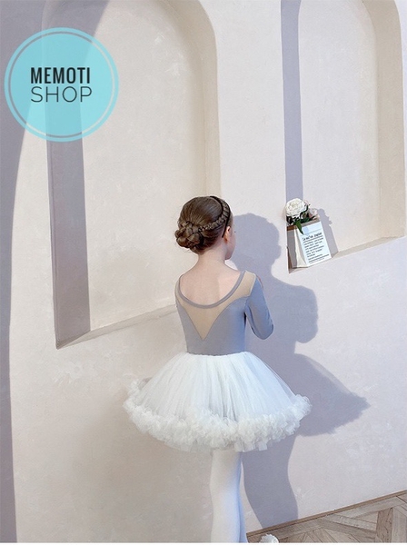 Set áo váy múa V lưng tutu dài tay (đen, ghi)