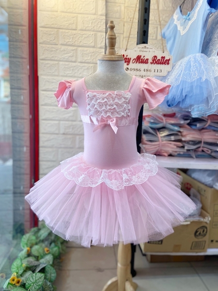 Váy múa phối ren ngực bèo tay búp (hồng, xanh, vàng)