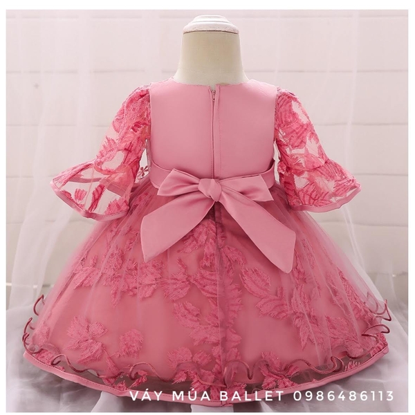 Váy công chúa hoa ngực 3D tay loe lỡ màu hồng, cam, tím