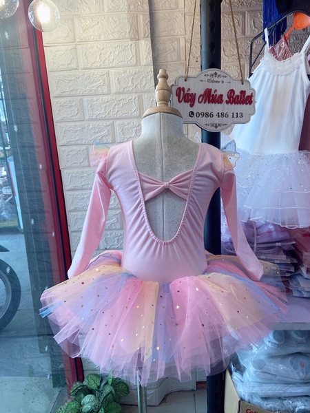 Váy múa tiên dài tay cầu vồng hồng