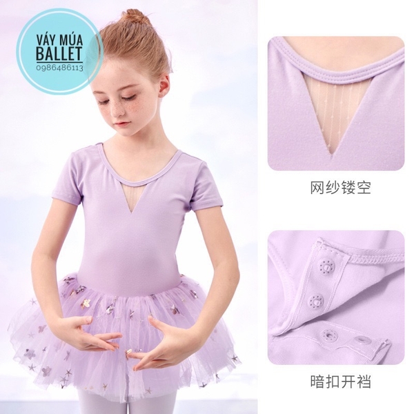 Váy múa đan lưng sao to tay ngắn (hồng, tím, xanh)