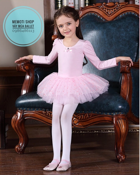 Váy múa nơ sao hồng dài tay