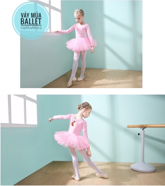 Váy múa nơ lưng  chân váy bi dài tay