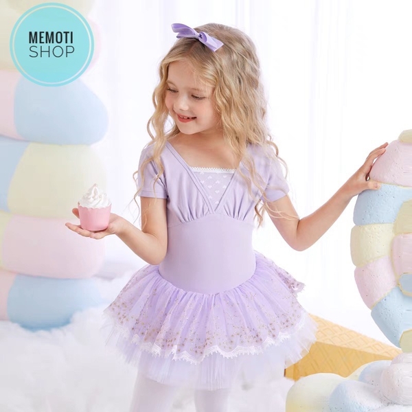 Váy múa đáp ngực phối chân ren tay ngắn (tím, xanh, hồng)