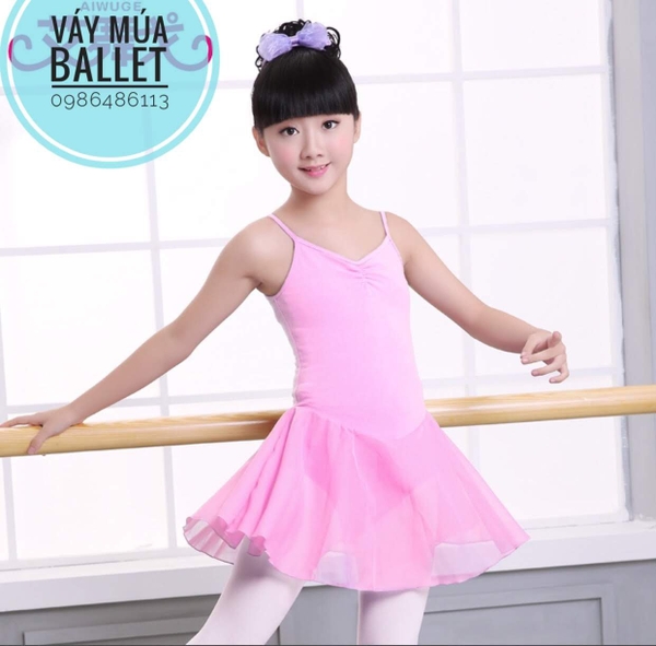 Váy tập múa 2 dây cotton phối voan màu hồng