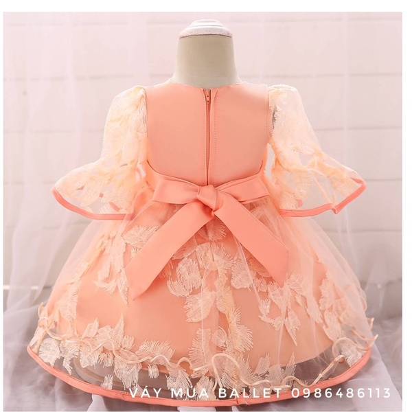 Váy công chúa hoa ngực 3D tay loe lỡ màu hồng, cam, tím