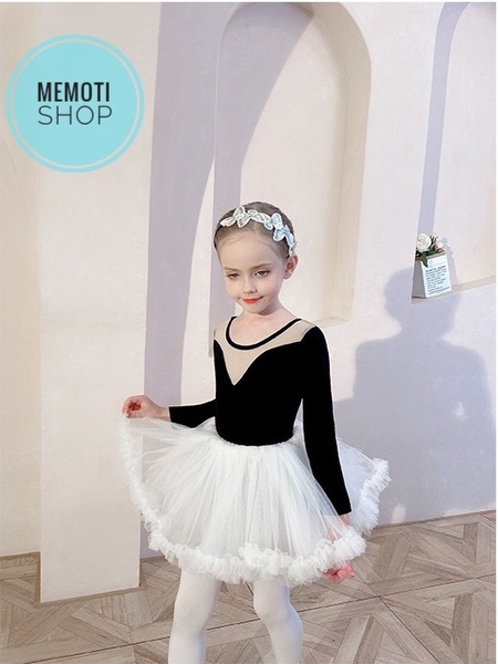 Set áo váy múa V lưng tutu dài tay (đen, ghi)
