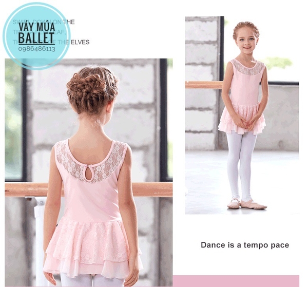 Váy tập múa ba lỗ phối ren 2 tầng (hồng, đen)