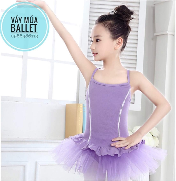 Váy múa 2 dây bèo xoè màu tím, hồng