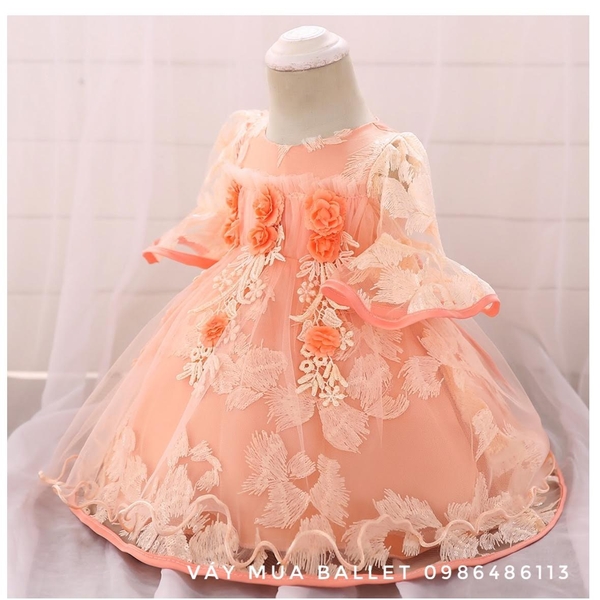 Váy công chúa hoa ngực 3D tay loe lỡ màu hồng, cam, tím