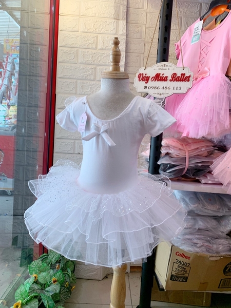 Váy múa tiên tay ngắn von lấp lánh trắng