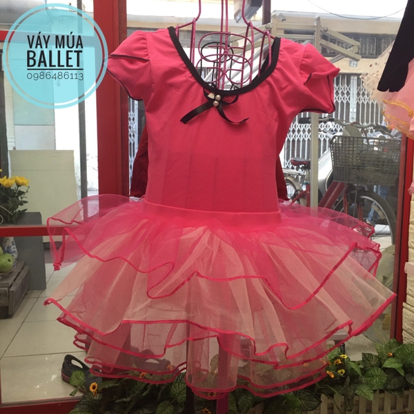 Váy múa hồng đậm phối trắng tay búp