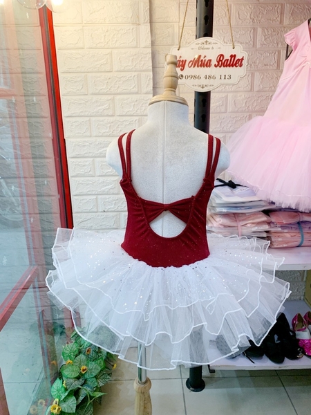 Váy múa dây thun đỏ đô nhũ trắng