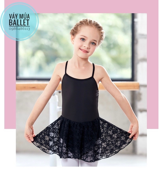 Váy tập múa 2 dây phối ren chéo (hồng, đen)