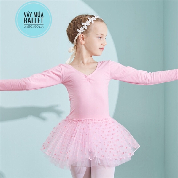 Váy múa basic chân váy chấm bi dài tay (đen, hồng, tím)