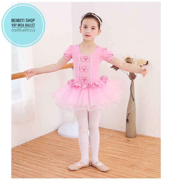 Váy múa ba nơ ngắn tay (tím, hồng)