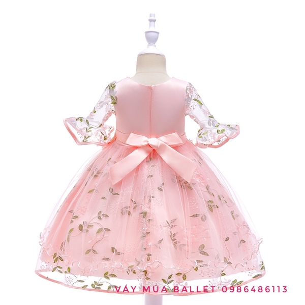 Váy công chúa ren 3D tay loe lỡ màu hồng, ghi