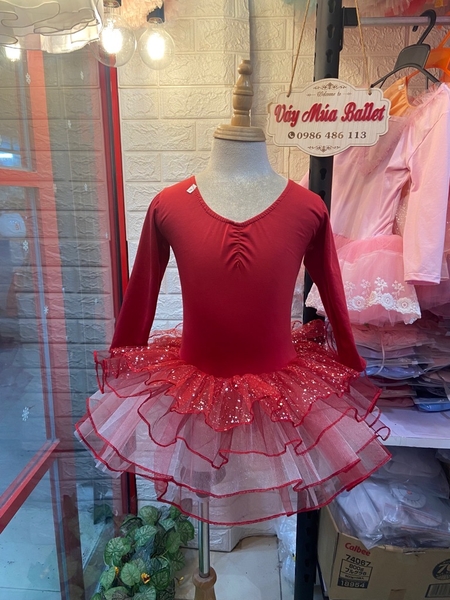 Váy múa đan lưng lấp lánh đỏ đô dài tay