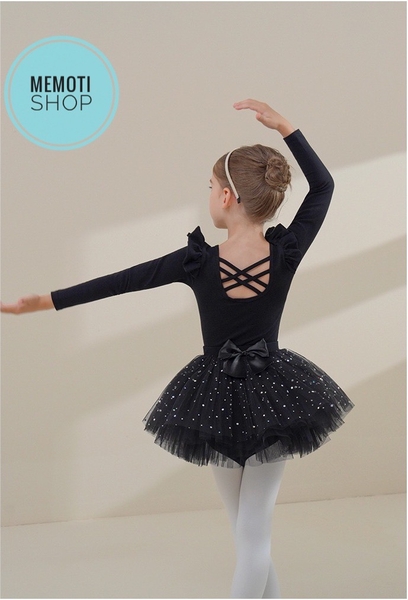 Set áo váy múa tiên đan sao dài tay đen