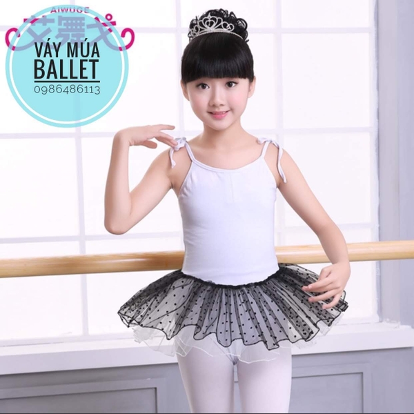 Váy múa 2 dây trắng đen chấm bi